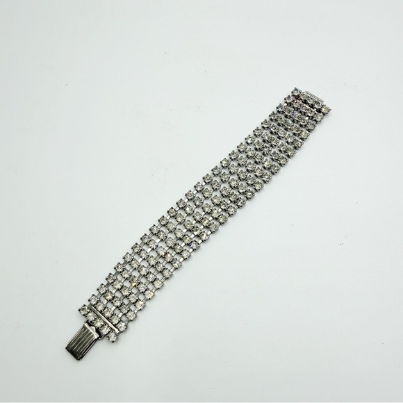 Vintage Clear Rhinestone Multi Row Silver Tone Bracelet - Picture 3 of 9